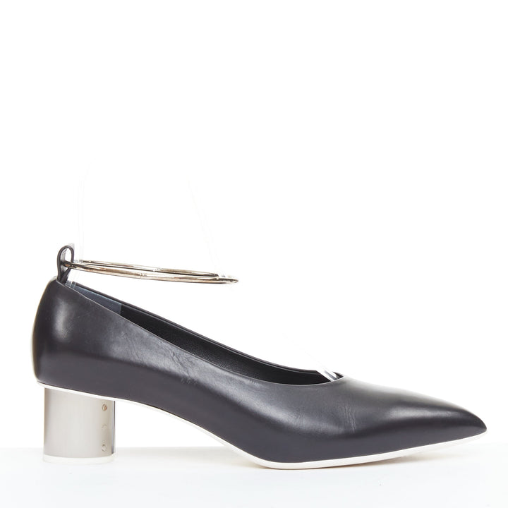 JIL SANDER black leather matte silver cylinder heel anklet ring pumps EU37