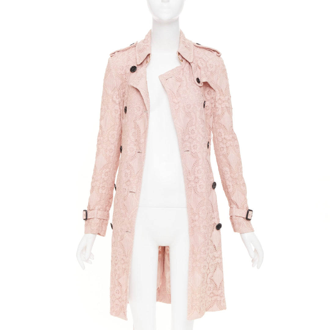 BURBERRY 2016 Kensington pink lace double breasted belted trench coat UK8 S