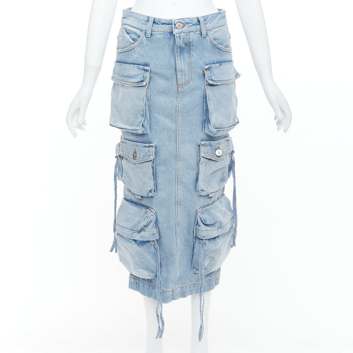 THE ATTICO blue washed denim multi pocket cargo midi skirt 24"