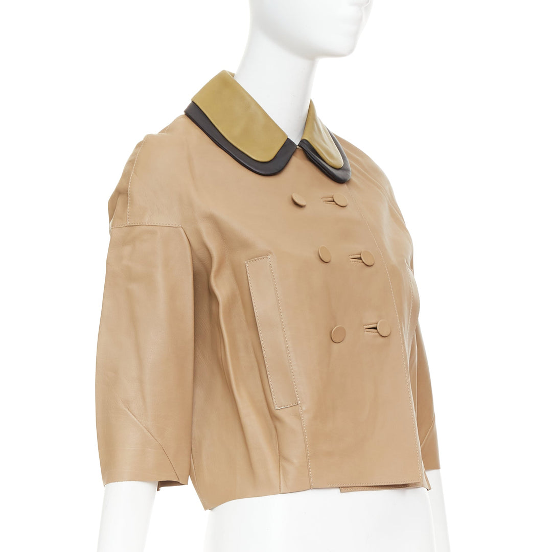 MARNI brown leather green black dup collar cropped double breast jacket IT36 XXS