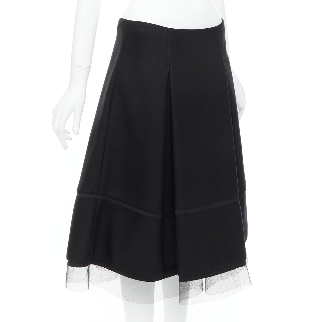 DONNA KARAN black scuba pleated tulle mesh trim A-line skirt FR40 L