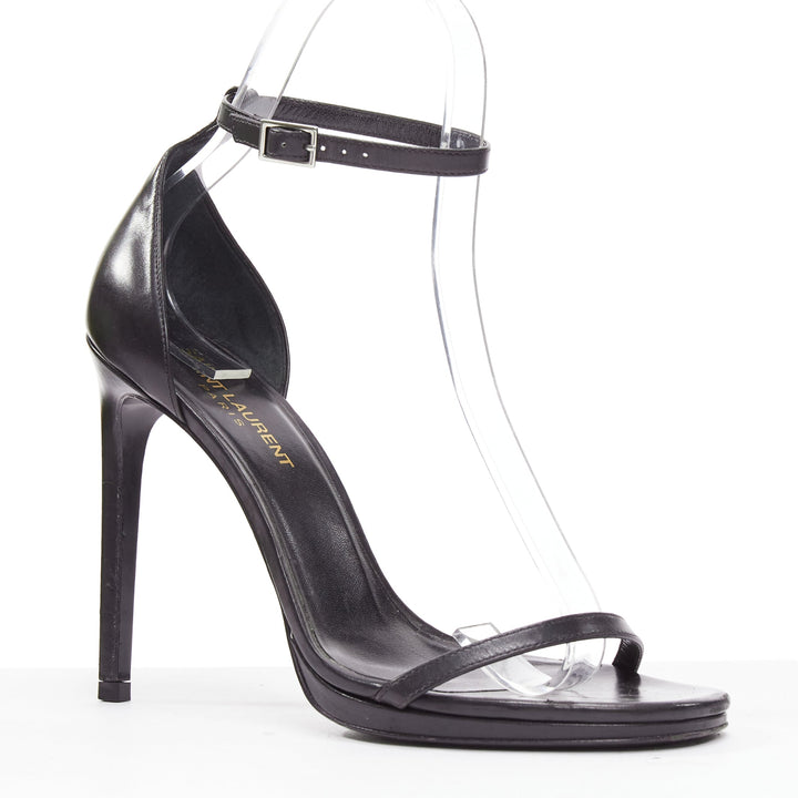 SAINT LAURENT Jane 110 black leather silver buckle minimal heeled sandals EU38