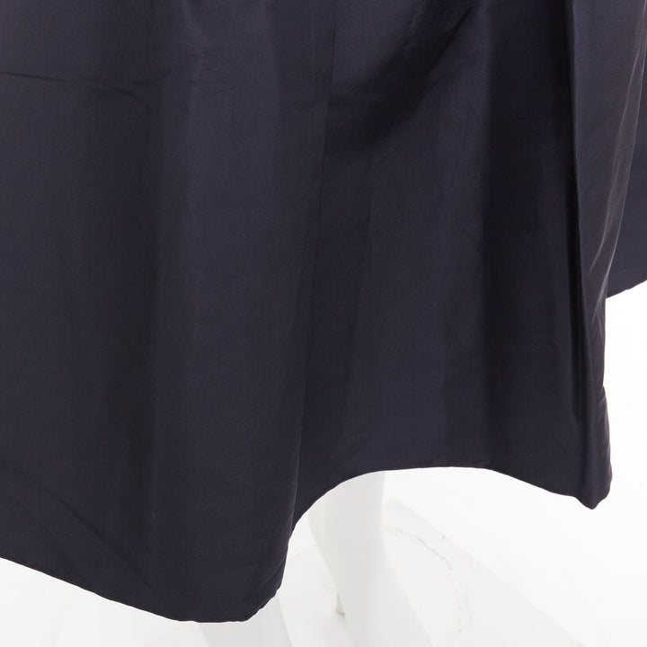 TIBI navy 100% silk satin crepe box pleated flared tea length midi skirt US0 XS