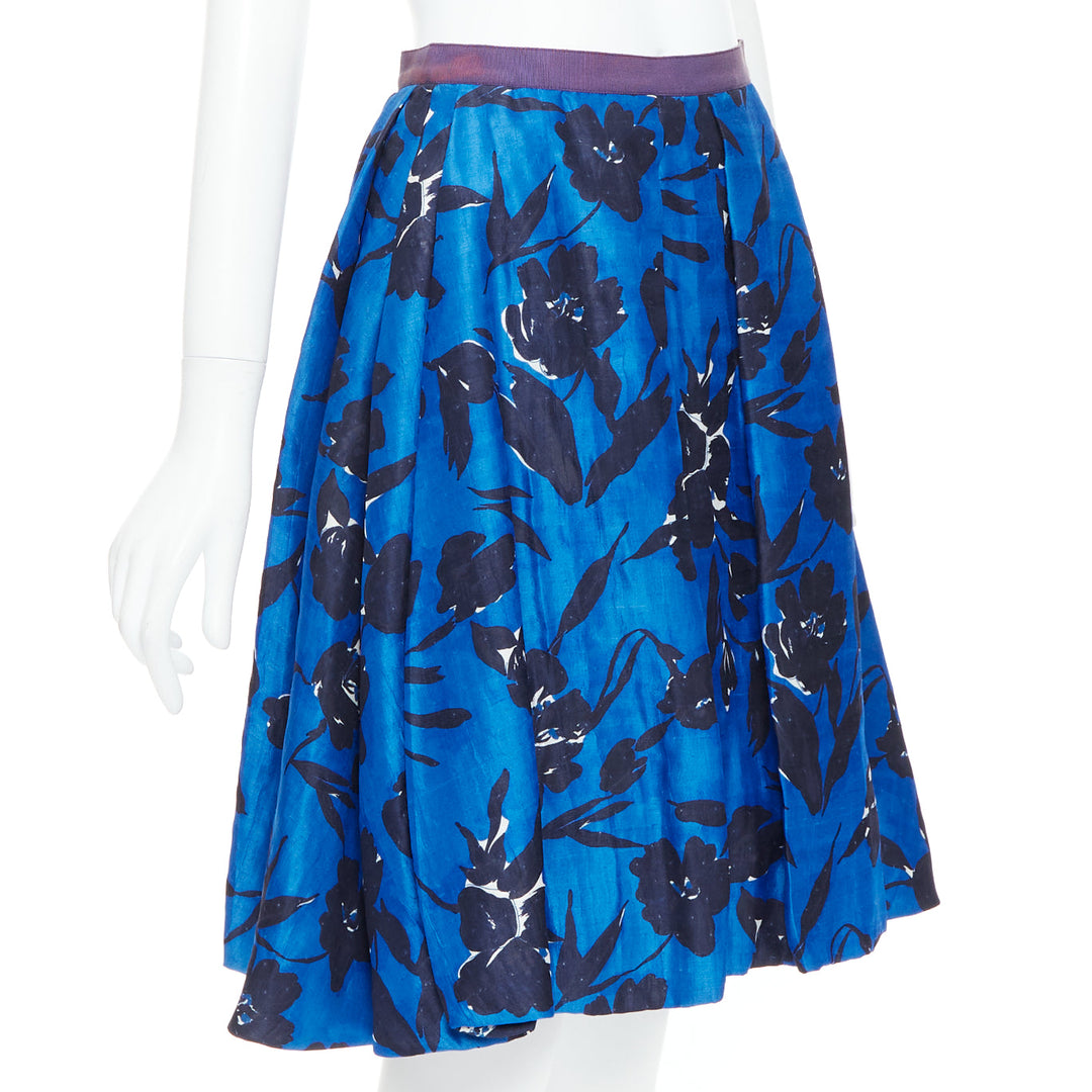 OSCAR DE LA RENTA S07 blue black silk cotton floral print full midi skirt US2 S