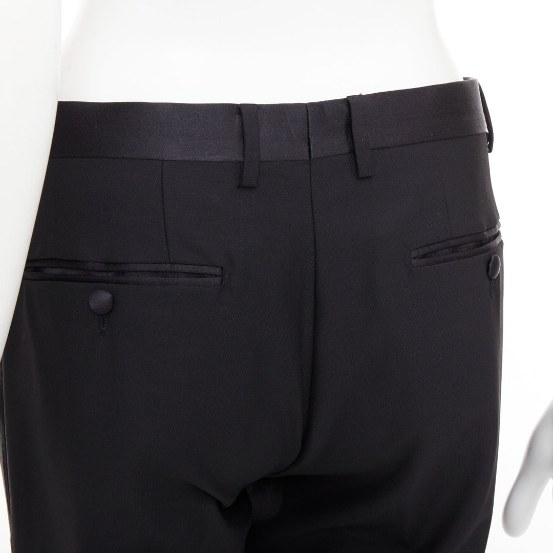 DOLCE GABBANA black wooly satin waist trim taperd mid waist pants IT44 XS
