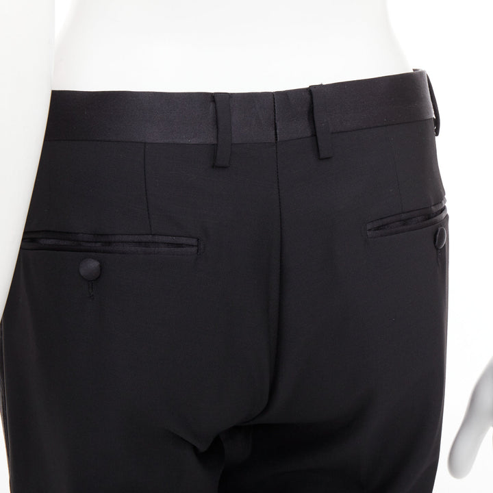 DOLCE GABBANA black wooly satin waist trim taperd mid waist pants IT44 XS