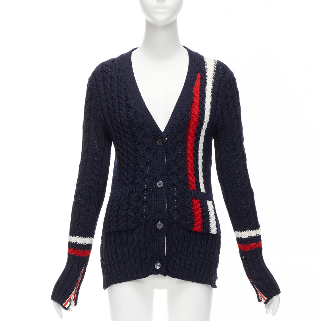 THOM BROWNE navy red white wool aran cable knit cardigan sweater IT40 S