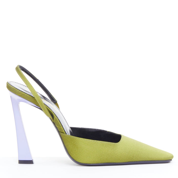 SAINT LAURENT Blade 105 green purple satin slingback pumps EU37