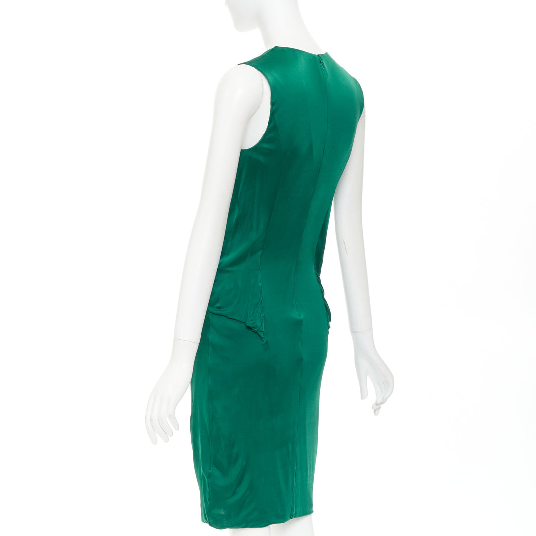 GUCCI 2008 emerald green viscose gold hardware draped V neck midi dress L