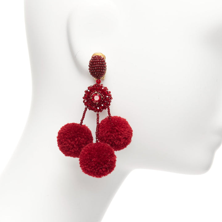 OSCAR DE LA RENTA dark red pompom beads embellished clip on earrings pair