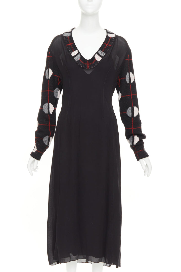 PRADA 2021 Runway black sable checkered wool sleeves V-neck midi dress IT38 XS