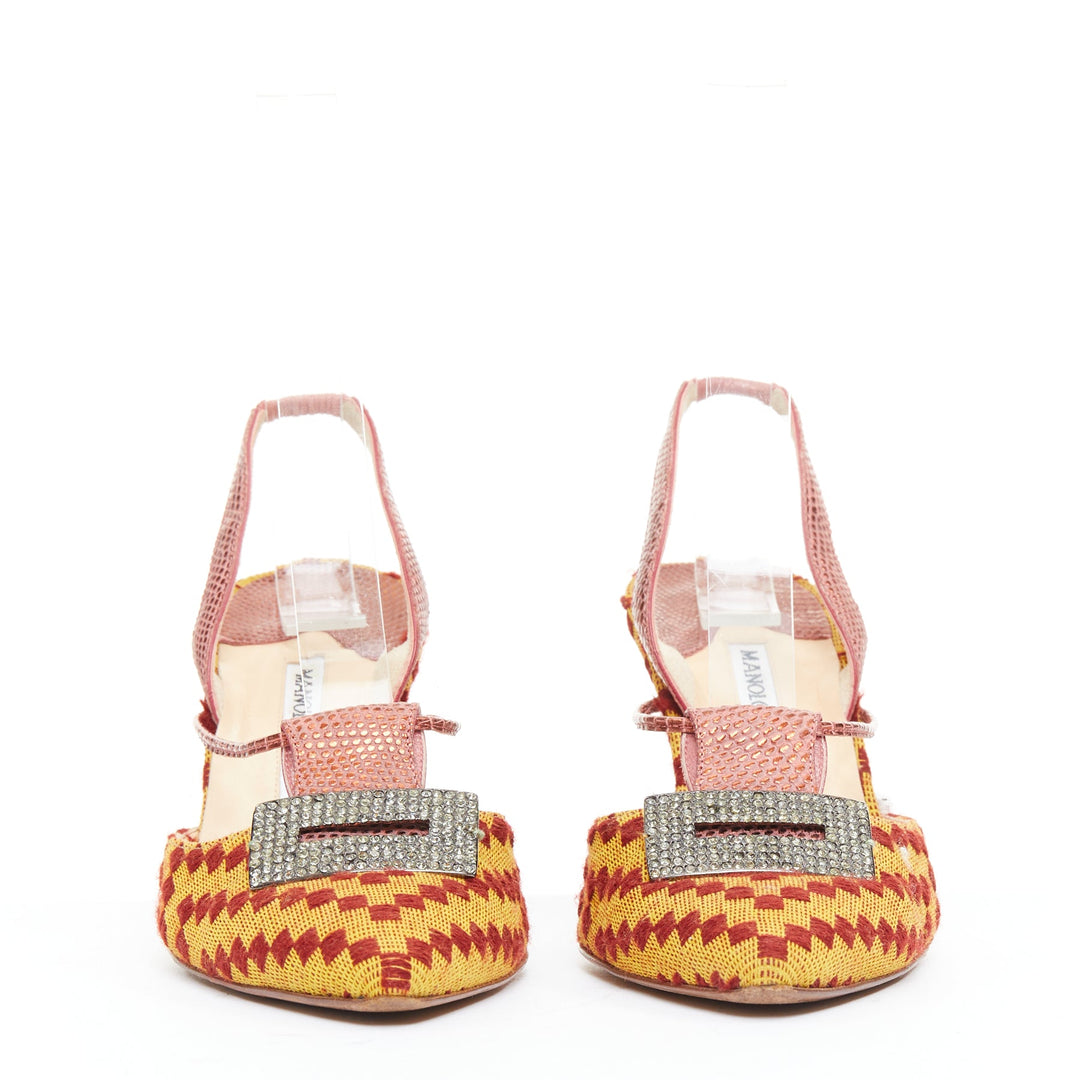 rare MANOLO BLAHNIK Vintage red yellow scaled crystal buckle slingback pump EU37