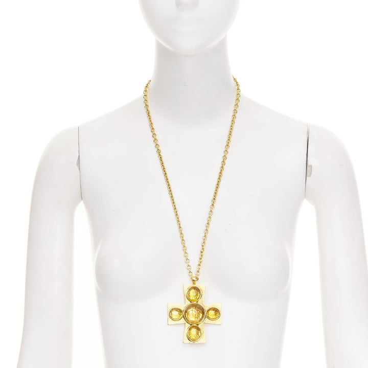 CHANEL L22A Gropoix Cabochon Resin Byzantine Cross CC logo pendant long necklace