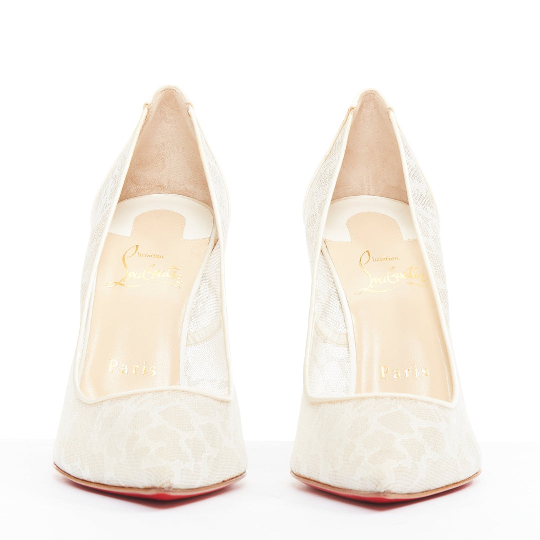 CHRISTIAN LOUBOUTIN Pigalace 100 Dentelle Nuage Crepe ivory satin heels EU37.5