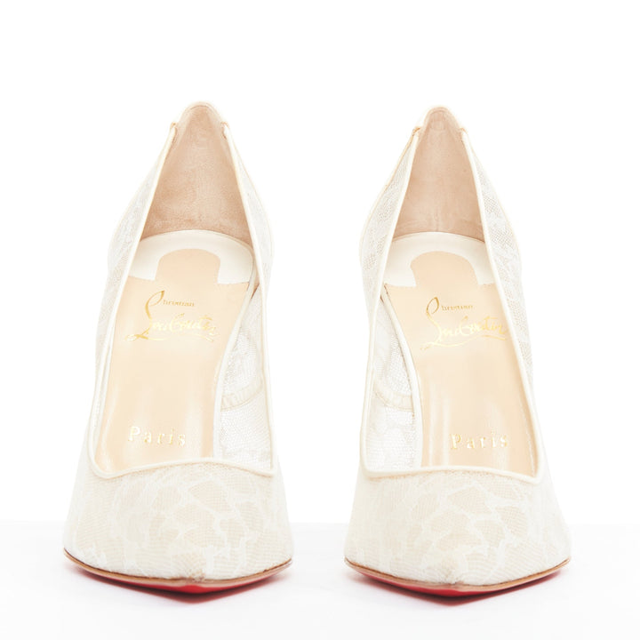 CHRISTIAN LOUBOUTIN Pigalace 100 Dentelle Nuage Crepe ivory satin heels EU37.5