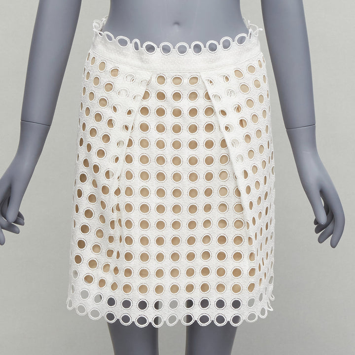 CHLOE white embroidery anglais eyelet layered silk lined skirt FR34 XS