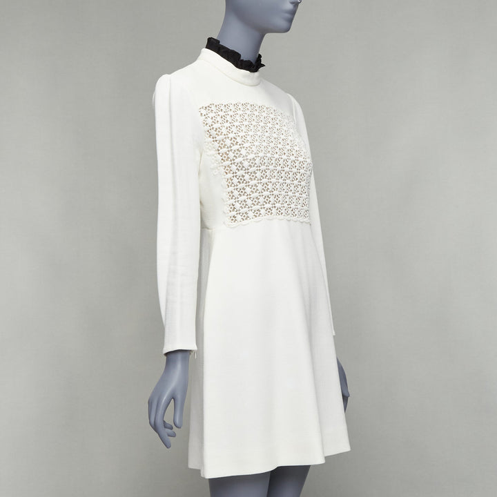 GIAMBATTISTA VALLI cream crepe embroidery ruffle collar dress IT42 M