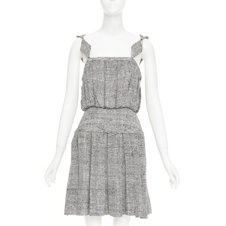 RODARTE Vintage grey Trompe loeil Herringbone silk pleated mini dress US4 S