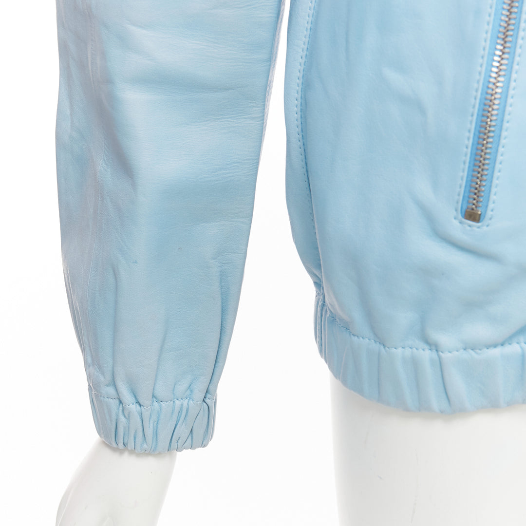 RED VALENTINO powder blue lambskin leather ruffle panel hoodie jacket IT40 S