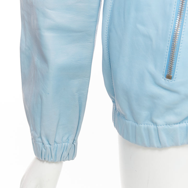RED VALENTINO powder blue lambskin leather ruffle panel hoodie jacket IT40 S