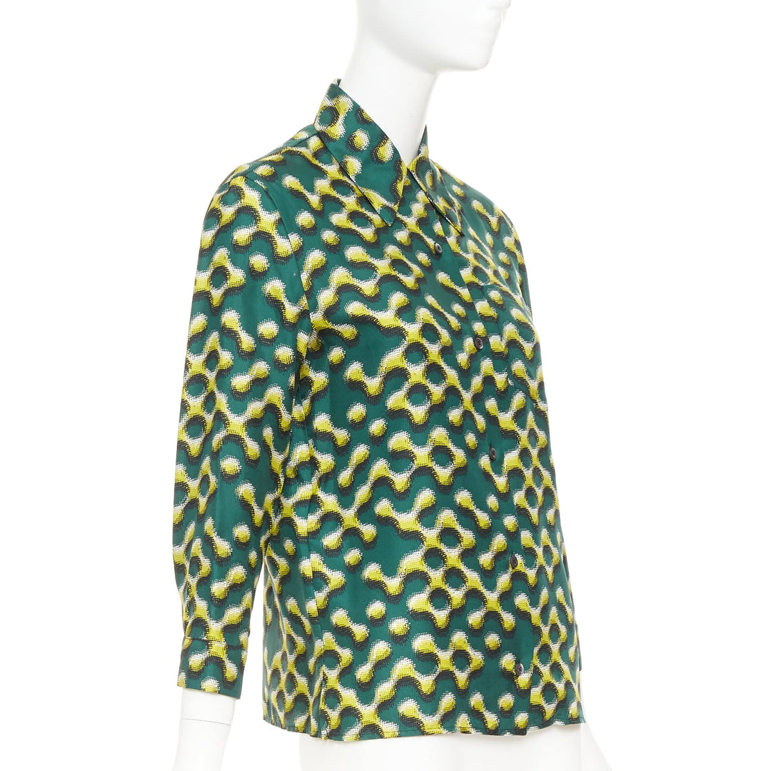 PRADA 2015 100% silk green yellow molecular geometric print shirt IT38 XS