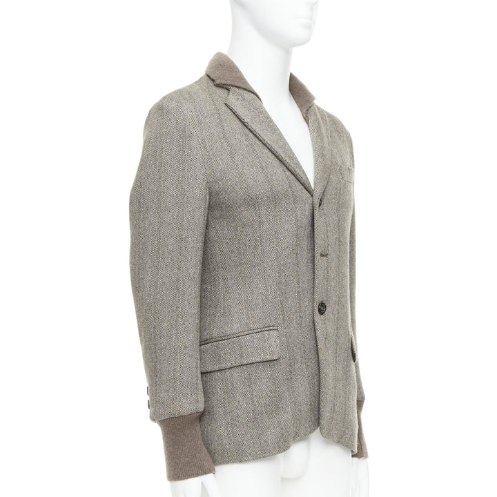 YVES SAINT LAURENT brown herringbone cashmere silk layered collar jacket FR48 M