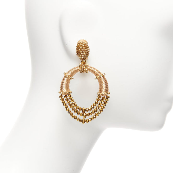 OSCAR DE LA RENTA bronze gold beaded coil big hoop clip on earrings pair