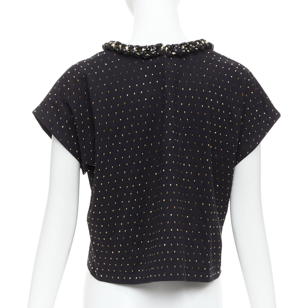 BALMAIN gold crystal rhinestone chain embellished black crop tshirt XS