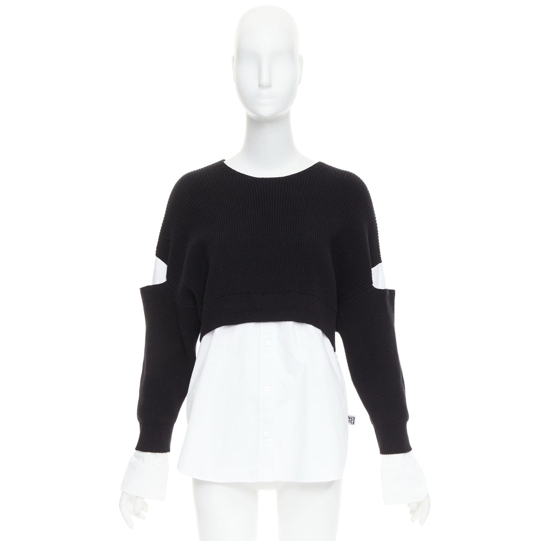 T ALEXANDER WANG black white cotton blend hybrid cropped sweater shirt top XS