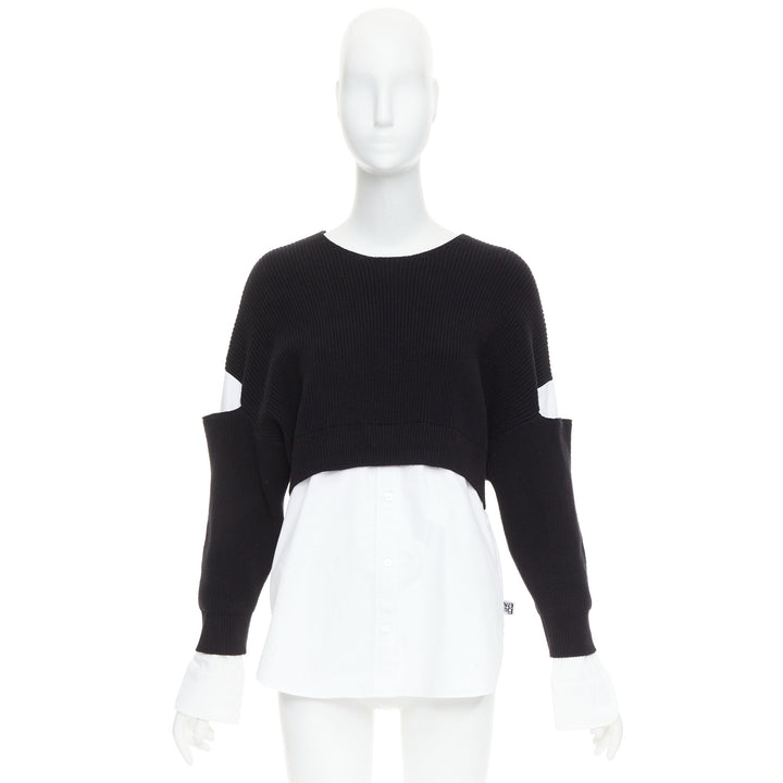 T ALEXANDER WANG black white cotton blend hybrid cropped sweater shirt top XS