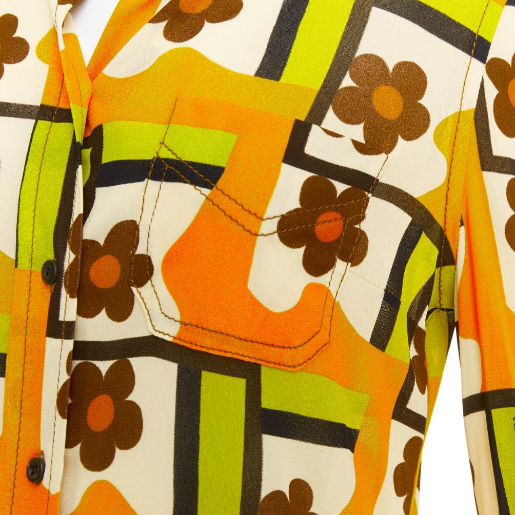 PRADA 2017 Runway green orange Mod graphic floral print viscose shirt IT40 S