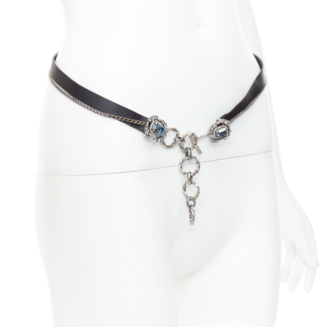 LANVIN Textile blue rhinestone jewel silver chain black fabric belt