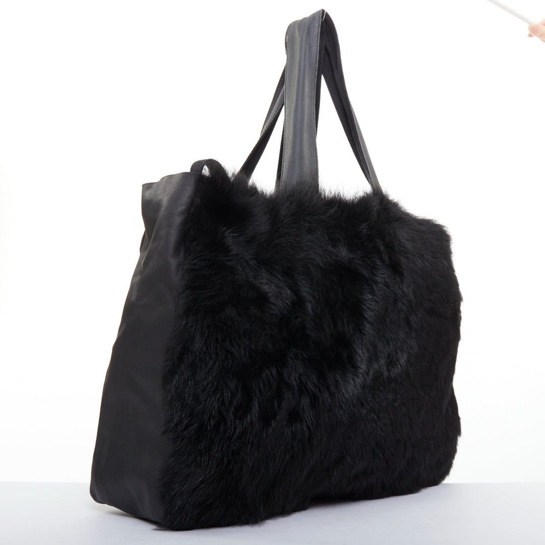 PETER DO black shearling fur supple soft leather white logo shoulder tote bag