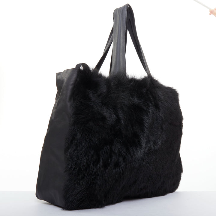 PETER DO black shearling fur supple soft leather white logo shoulder tote bag