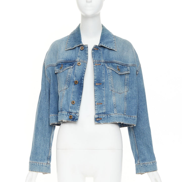 MIU MIU 2020 blue washed denim hand painted daisy floral cropped jacket IT36 XXS