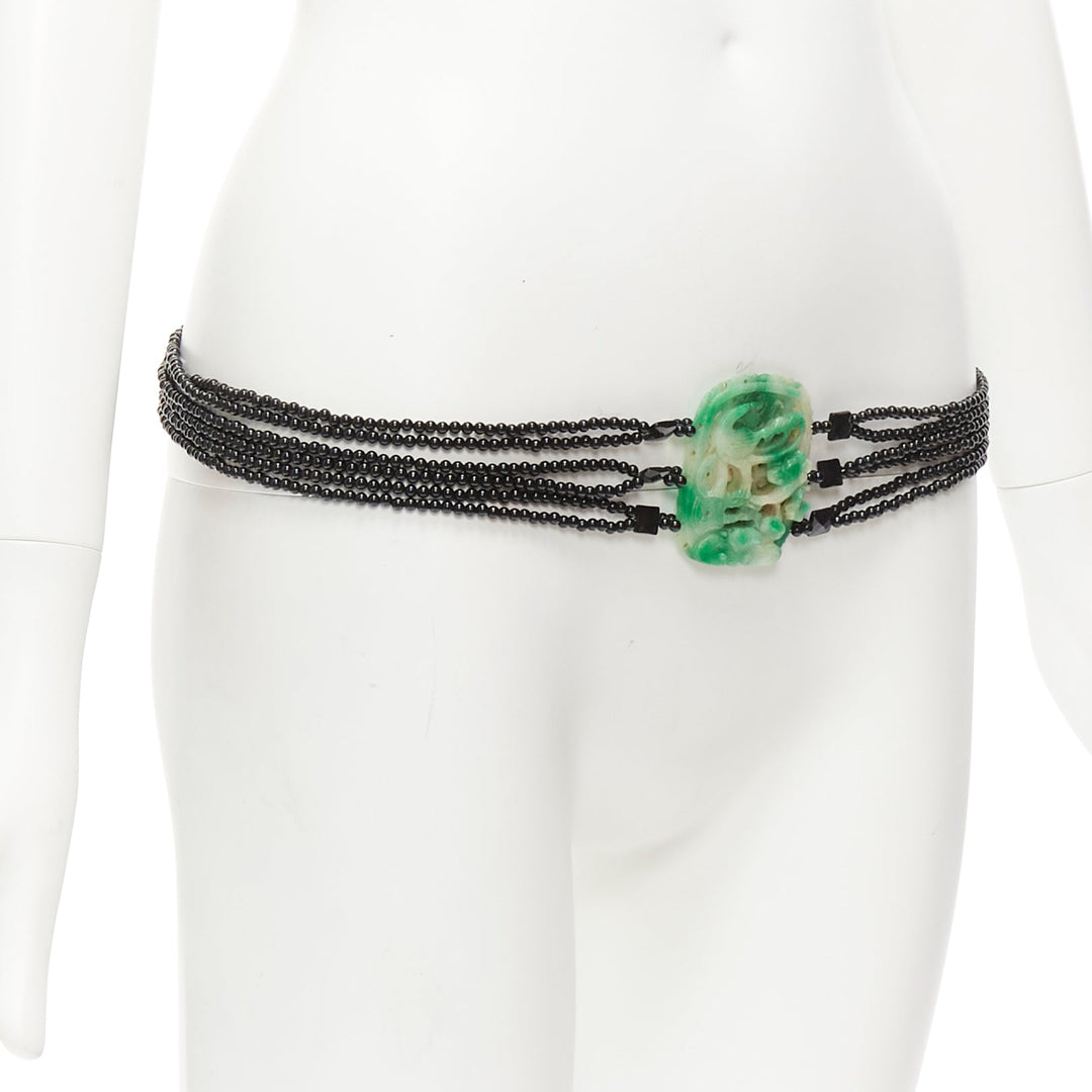 JENNIFER POLLOCK green oriental chinese stamp jade black beads chain belt