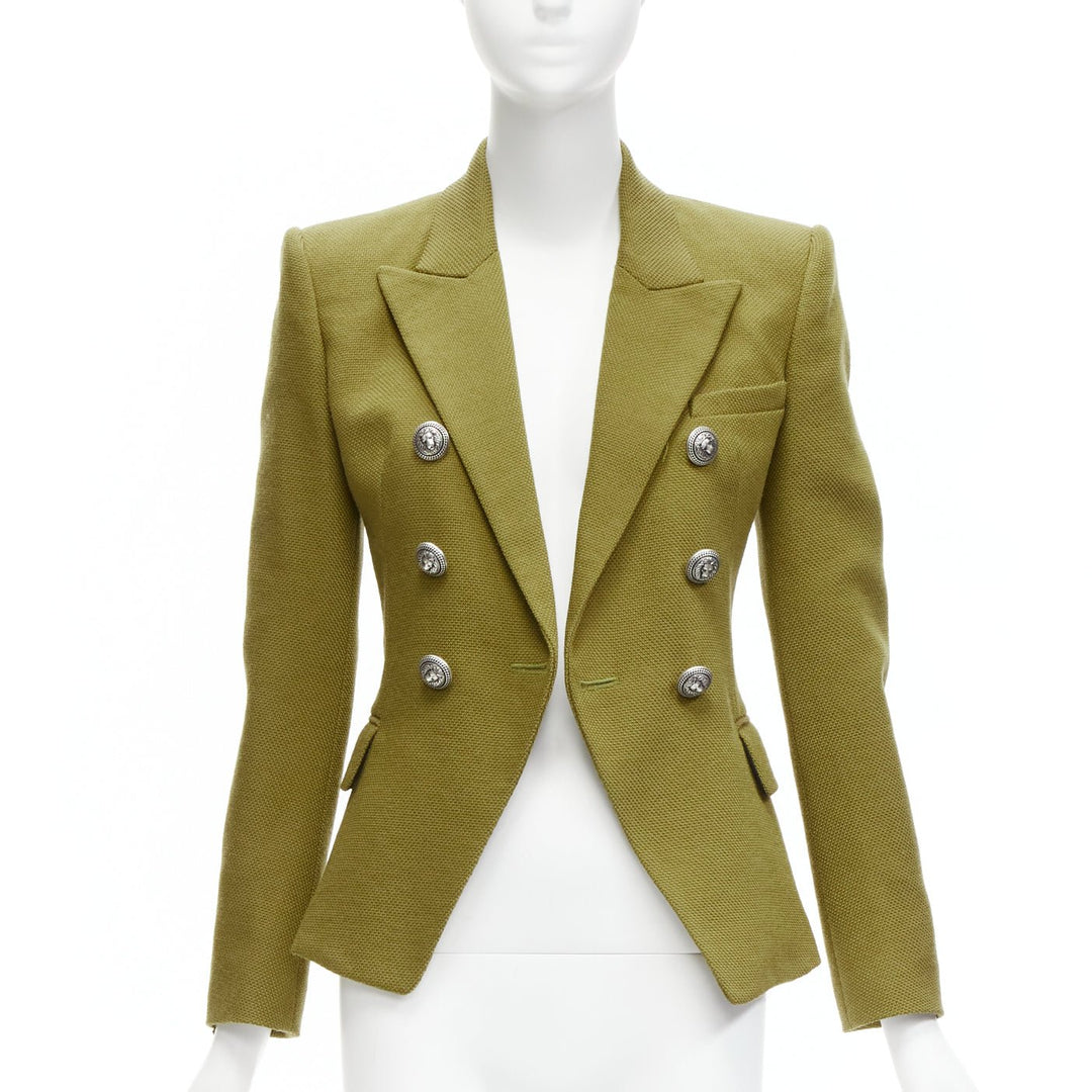 BALMAIN green silver lion button double breasted military blazer jacket FR36 S