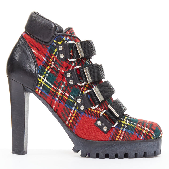rare DSQUARED2 Vintage red tartan wool punk buckle ankle booties EU36