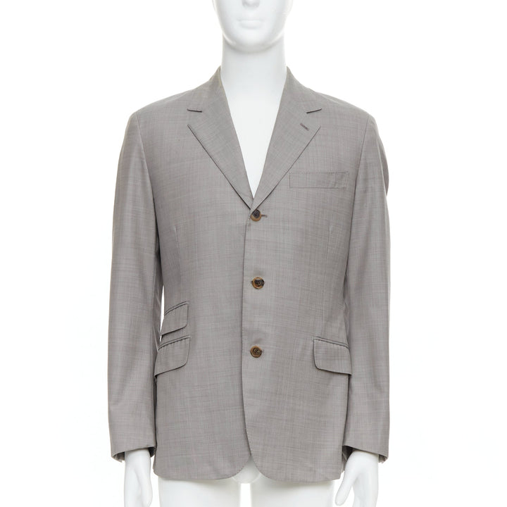 HERMES beige 100% wool 3 pockets handstitched details blazer suit FR48 M