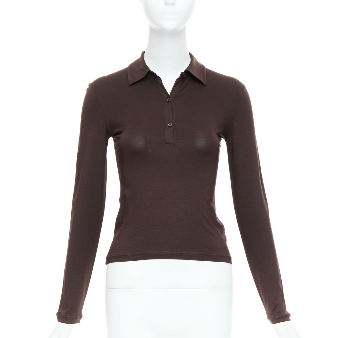 Female mannequin wearing Prada by Miuccia Prada Brown Silk Women Top in Size  XS | Available at JHROP