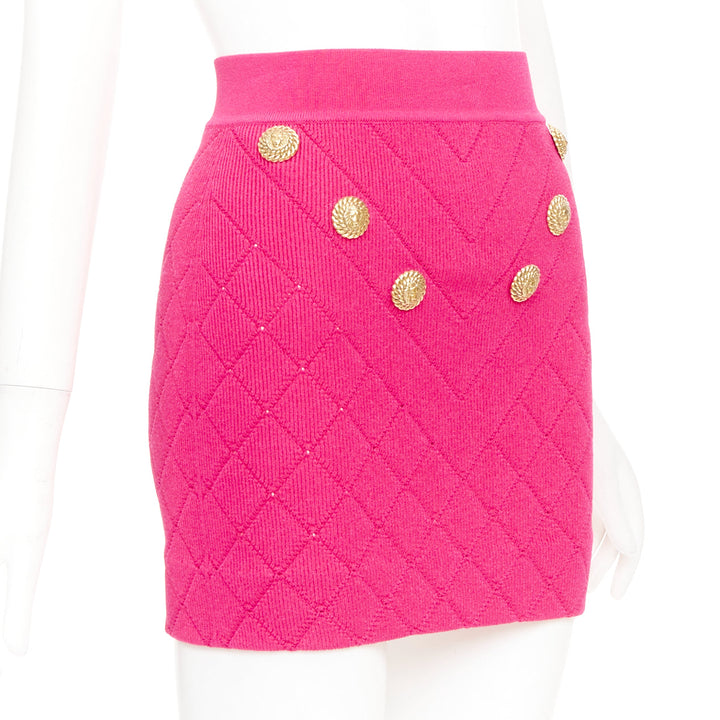 BALMAIN Embellished Knit Miniskirt pink gold button diamond quilted skirt FR36 S