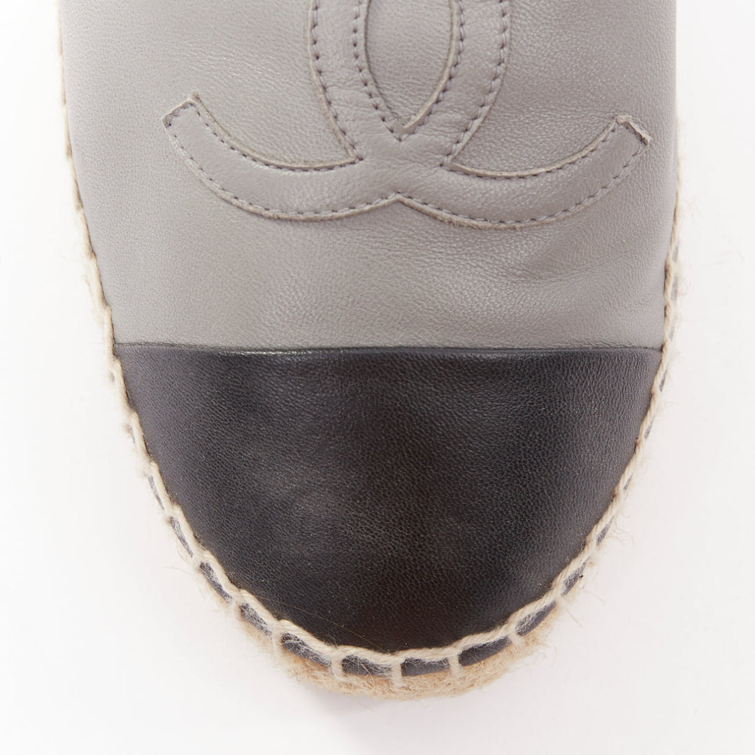 CHANEL bicolor grey lambskin leather black cap toes CC espadrilles shoes EU39