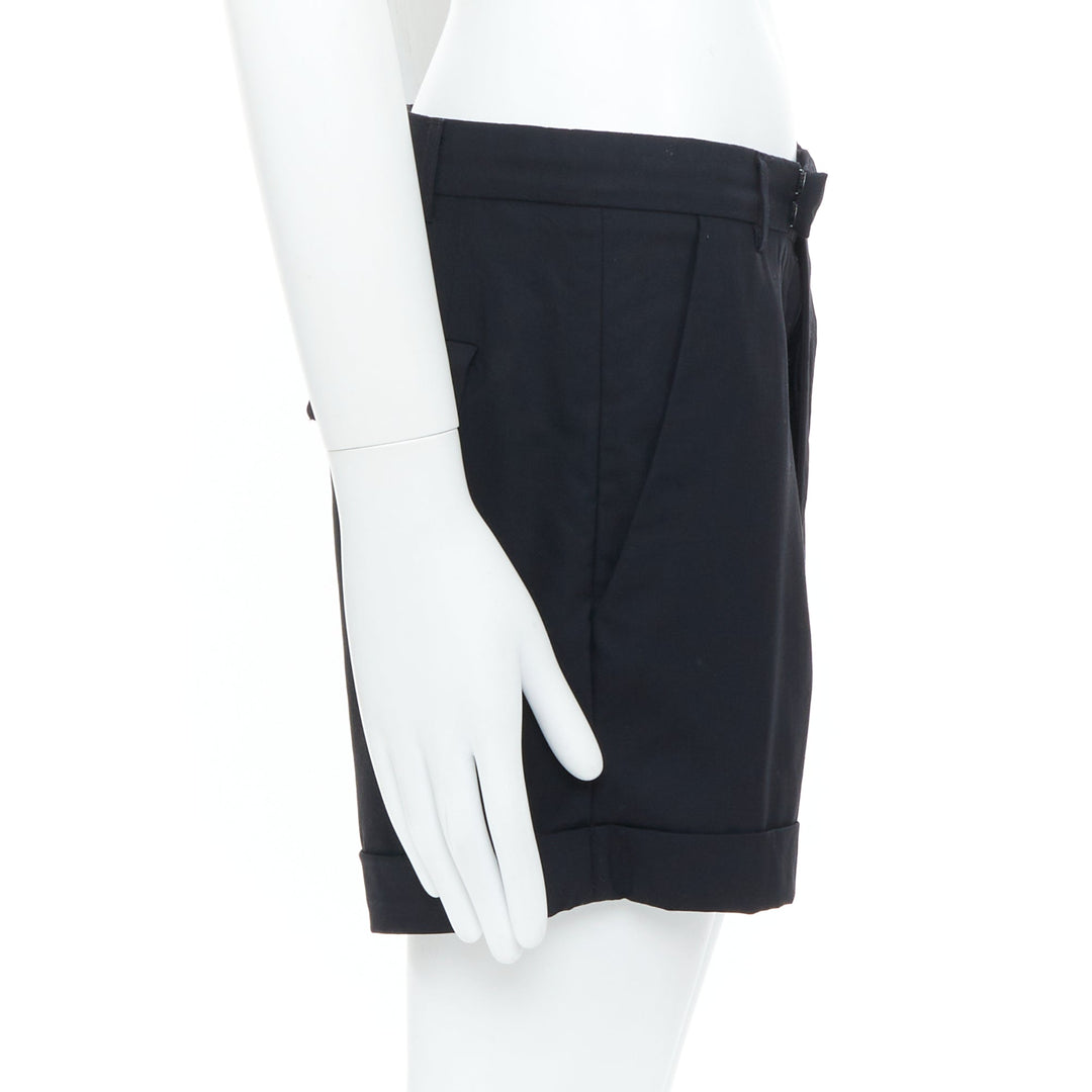 RAF SIMONS 2009 black wool mid rise tailored turn up trouser shorts EU50 L