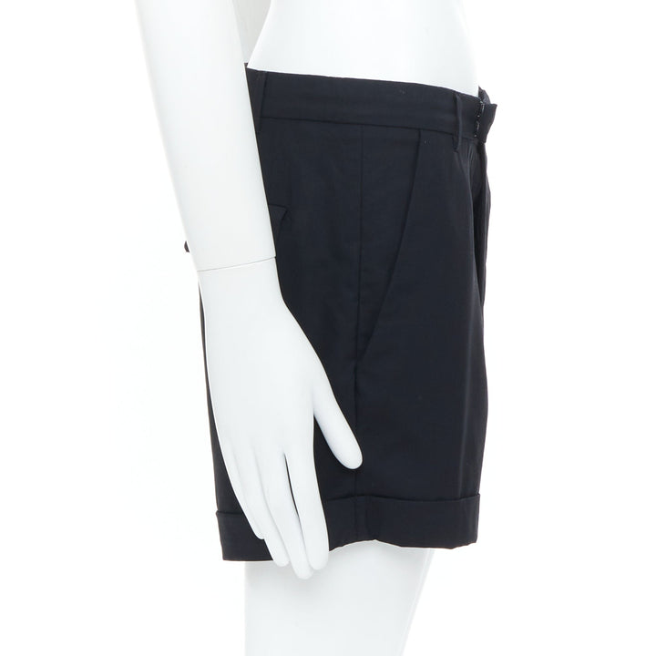 RAF SIMONS 2009 black wool mid rise tailored turn up trouser shorts EU50 L