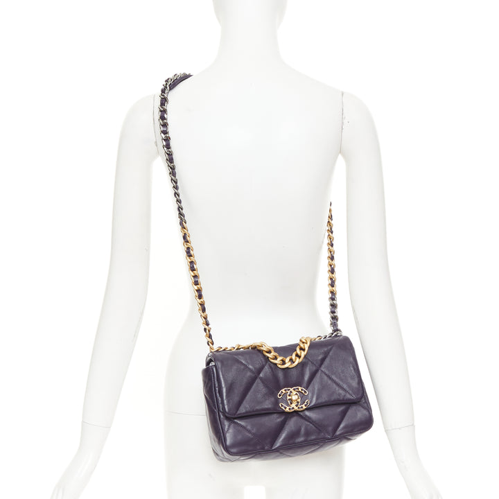 CHANEL 2020 19 Flap dark purple lambskin quilted medium flap 2 way crossbody bag