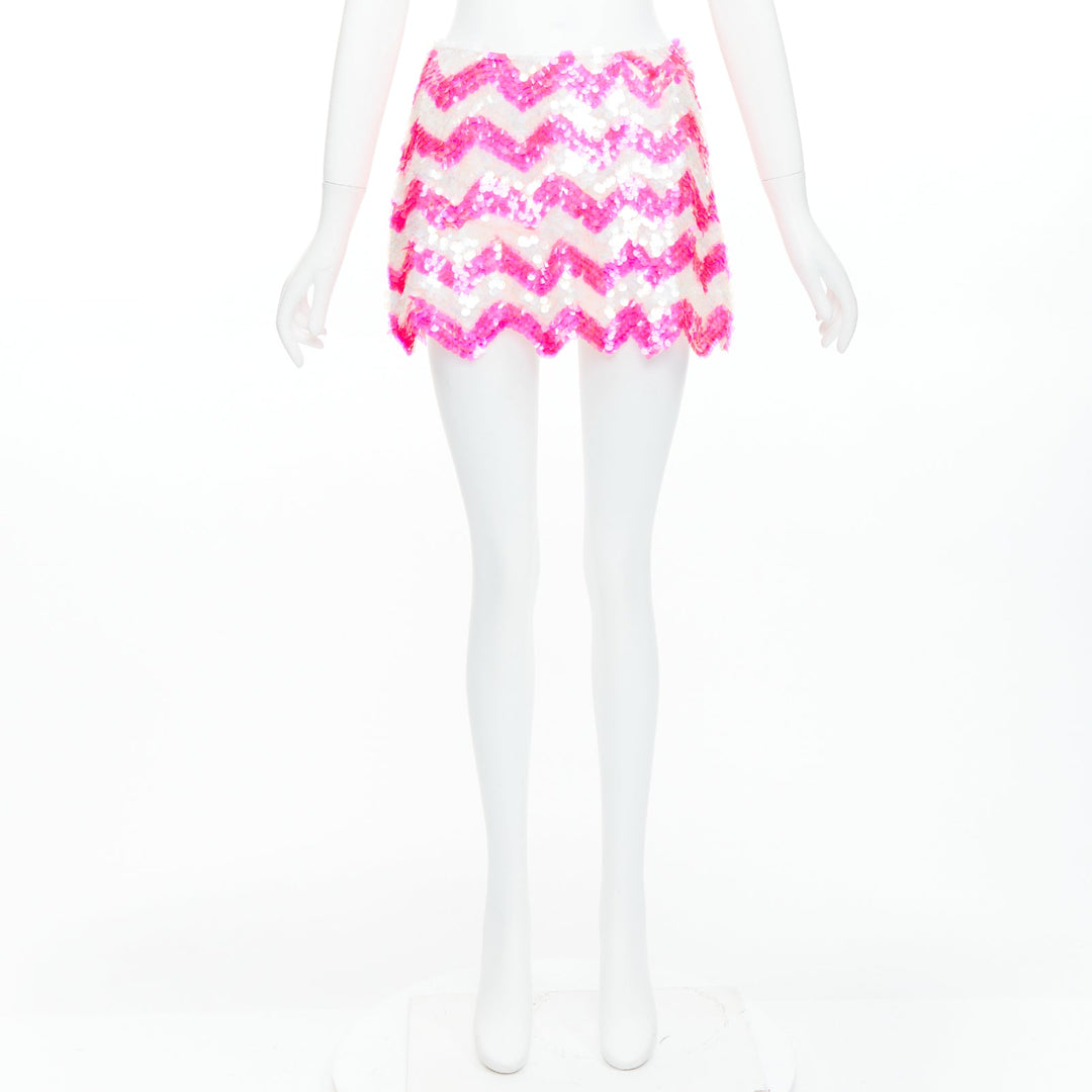 ASHISH white neon hot pink chevron paillettes sequin mini skirt XS