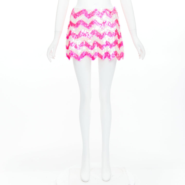ASHISH white neon hot pink chevron paillettes sequin mini skirt XS