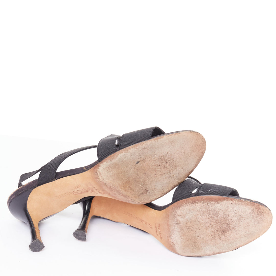 MANOLO BLAHNIK black elastic strap cork sole spool mid sandals EU37