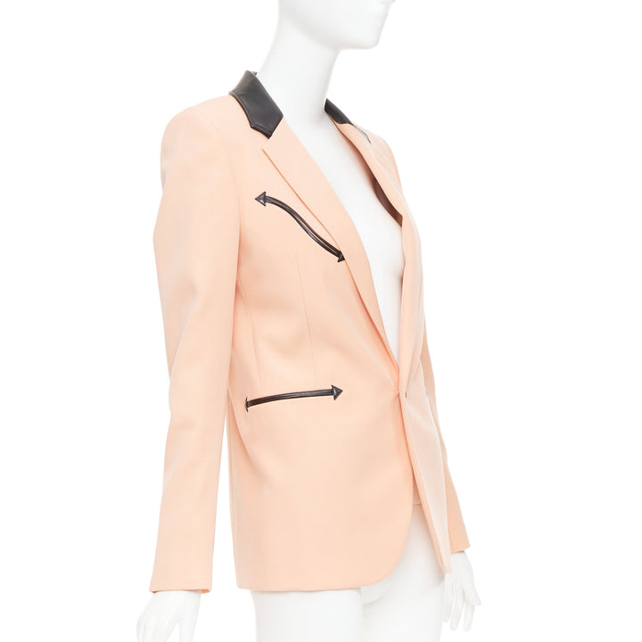 SAINT LAURENT 2018 peach pink wool black leather trim blazer jacket FR36 S