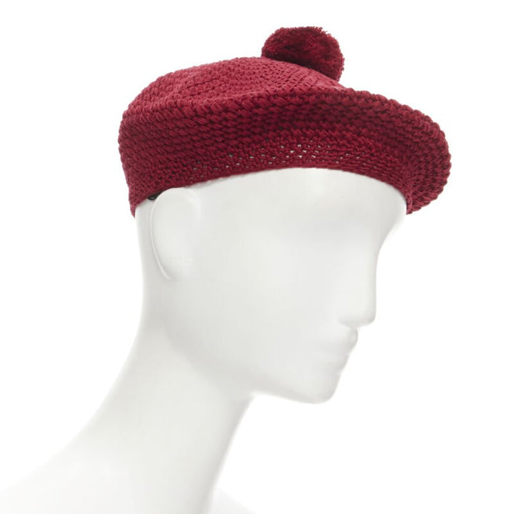 GUCCI Michele 100% cotton burgundy red pom pom knit beret hat M 57cm